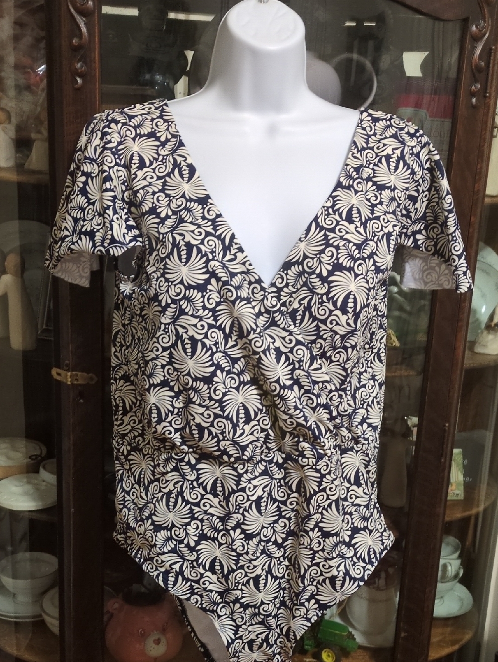 Boden Navy and Cream Floral Wrap-Front Bodysuit